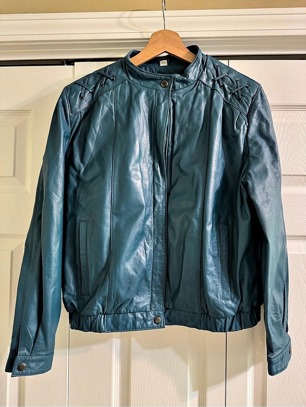 VTG CHERAD Teal Leather Jacket 80s 90s Style Zip Korea Womens 11/12 or Medium